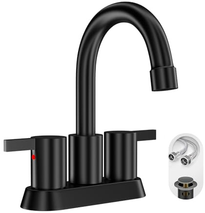 Phiestina 4 Inch 2 Handle Centerset Matte Black Lead-Free Modern Bathroom Faucet, 360 Swivel Spout 2-3 Hole RV Bathroom Vanity Sink Faucet with Pop Up Drain and Water Supply Lines,BF015-1-MB