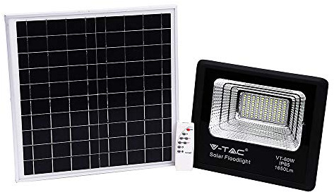 V-TAC Faro LED con control remoto y panel solar de 20 W, 6000 K, blanco frío