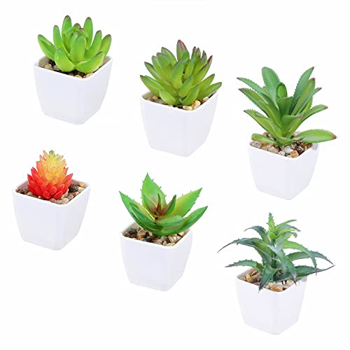 Tifuly 6 Pcs Artificial Potted Succulent Plants, Realistic Small Succulents Fake Greenery Mini Simulation Plant with Melamine White Pot for Home Office School Decoration (Combination 4)