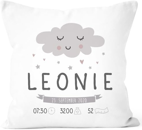 SpecialMe® personalisierbares Kissen zur Geburt, Geburtskissen Wolke Sonne personalisiertes Geschenk Daten Geburt Baby Weiss 40cm x 40cm