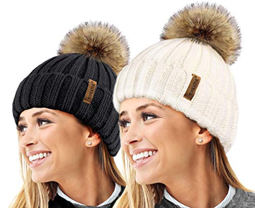 TOSKATOK® Womens Winter-Rib Strickmütze/Beanie mit abnehmbaren Chunky Faux Fur Bobble Pom Pom