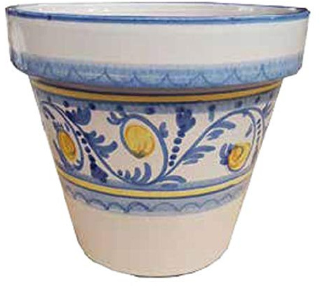 Generico Vaso Ischia Blu e Bianco + Sottovaso Bianco in Ceramica di Vietri Dipinti a Mano, Fioriera Diametro 27 cm, Altezza 25 cm, Terracotta