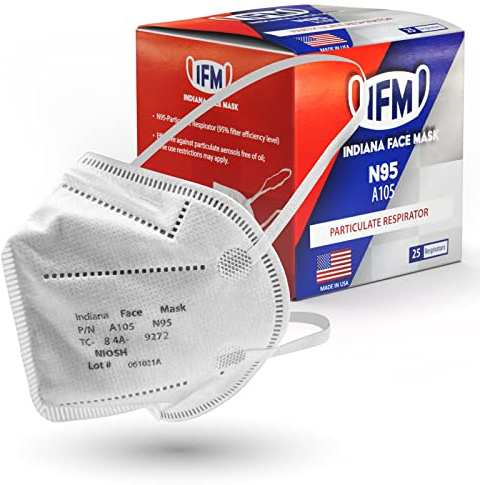 IFM INDIANA FACE MASK N95 Respirator Masks | Box of 25 | NIOSH APPROVED N95 | Made in USA | Particulate Respirator >95% | Individually Wrapped | Universal Fit | Certified Particulate Respirators