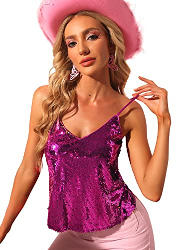 Allegra K Donna Paillette Brillante Glitter Spaghetti Cinturino Raccolto Canotta Top Fucsia Oro M