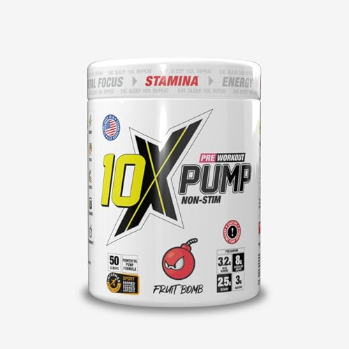 10X Athletic Non Stim Pre Workout Powder No Caffeine Beta Alanine Creatine Sugar Free Vegan Low Calorie Various Flavours 600g 25/50 Servings (Fruit Bomb)