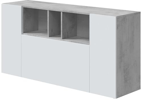 Habitdesign Aparador 3 Puertas, Bueffet para salón, Armario Auxiliar, Modelo Loira, Acabado en Gris Cemento y Blanco Artik, Medidas: 150 cm (Ancho) x 76 cm (Alto) x 41 cm (Fondo)