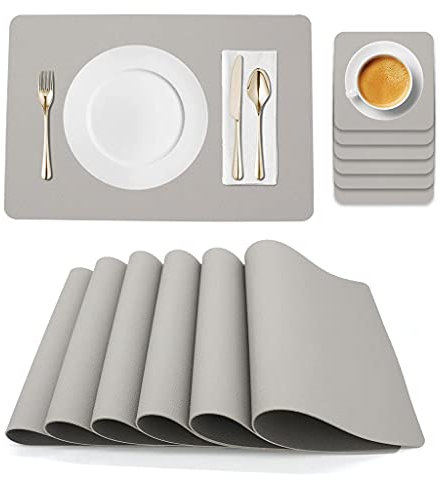 JDkilp Platzdeckchen Abwaschbar, 6er Set PVC, Abgrifffest, Hitzebeständig, Rutschfest, Doppelseitig Verdickt, 40x28cm, Hellgrau
