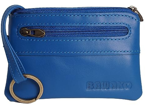 BAWAKO Estuche para Llaves, 2 Compartimentos con Cremallera, Cuero Genuino, Hermoso, para Mujeres, Hombres, niños, Monedero pequeño, Hecho a Mano (Azul, W8/L13)