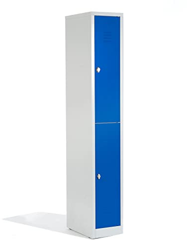 Schrank & Stuhl Spind – Metallspind mit 1 x 2 Abteilen 195 x 31,5 x 50 cm, Schließfachschrank mit Drehriegelvorrichtungen, Lieferung komplett montiert, Grau/Blau