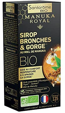 Santarome Bio - Sirop Bronches & Gorge, Miel de Manuka Bio | Complément Alimentaire Immunité | Confort Respiratoire & Apaise la Gorge | 125 Ml | France