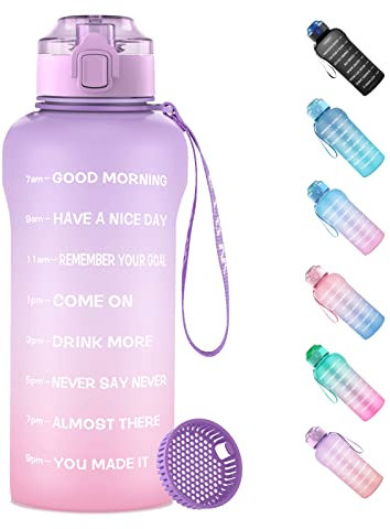 WEMEET 2 Liter Trinkflasche mit Fruchtfilter [BPA Frei Tritan], 2L Sportflasche mit Zeitmarkierung Auslaufsicher, 2000ml Große Wasserflasche für Camping, Fitnessstudio, Picknick LILA PINK
