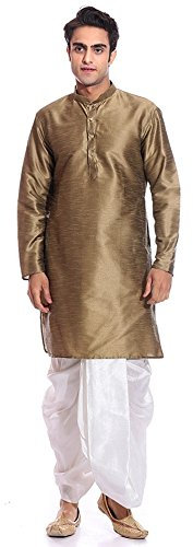Mag Men Indian Ethnique Brun Soie Kurta en Dhoti pour Fête/Mariage, Cuivre Or Kurta Blanc Dhoti, 46