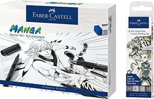 Faber-Castell Pitt Artist Pen 167152-3 Tintenkünstler und Zubehör, 14-teiliges Manga-Starterset, Comic-Schattierung mit 4 verschiedenen Grautönen