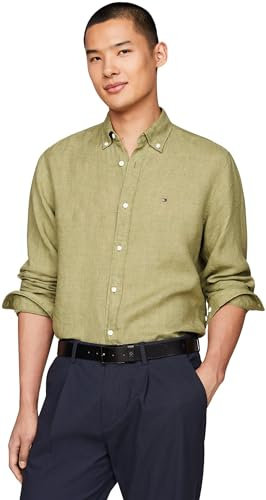 Tommy Hilfiger Camicia Uomo Camicia in Lino, Verde (Faded Olive), XS
