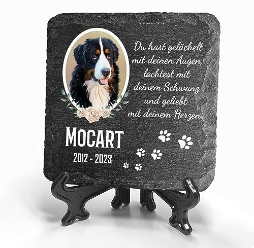 TULLUN Personalisierte dunkelgraue Gedenktafel mit Ständer für Haustier Katze Hund Schiefer Stein Grab Marker - Größe 10 x 10 cm - Foto mit Blumenrahmen
