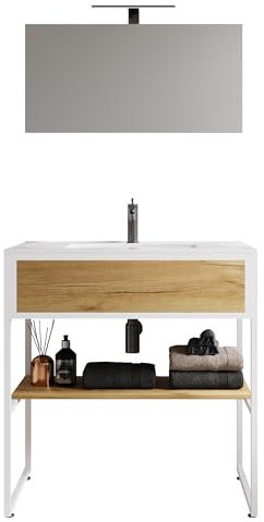 VCM 3-TLG. Waschplatz Waschtisch Badmöbel Set Waschbecken Holz Metall Industrial Style Bitila 80 V1