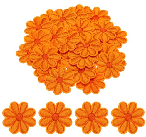 QUARKZMAN 30 Stück Blume Patches zum Aufbügeln, 40mm Florale Bestickte Aufnäher zum Aufbügeln, Flicken Aufnäher für Hut Jeans Kleidung Rucksäcke DIY Zubehör (Orange)