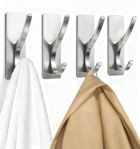 pickpiff Self Adhesive Hooks, Sticky Hooks Extra Sturdy, Hanging up to 6KG, Metal Stainless Heavy Duty Stick on Wall Door, for Towel Coat Hat Purse in Bathroom Shower Kitchen, Silver, 4 Pack