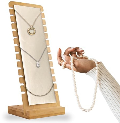 MIRKALA Expositor y Organizador de Collares y Pendientes - Soporte y Colgador de Bambú (Beige)