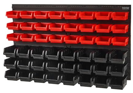 VEVOR Étagère Bac à Bec Plastique, 48 Boites Rangement Empilables Atelier Garage avec Panneaux Muraux, Organisateur Outils pour Écrous, Boulons, Vis, Clous, Perles, Boutons, Petites Pièces, Noir/Rouge