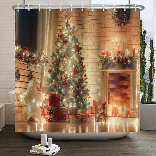 Duschvorhang Weihnachtsbaum Sterne Duschvorhang Stoff Polyester Badevorhang Duschvorhang Wasserdicht Antischimmel Shower Curtains mit 12 Duschvorhangringen Duschvorhang Badewanne 200x220cm