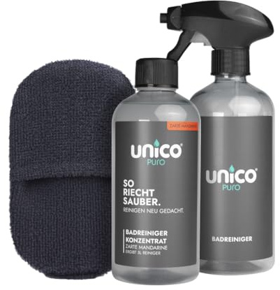unicopuro® Badreiniger Starter-Set Zarte Mandarine – ohne reizenden Geruch – Konzentrat ergibt 5 L – inkl. Schaumsprühflasche & Schrubbi Schwamm– entfernt Kalk & Seifenreste, unglaubliche Düfte