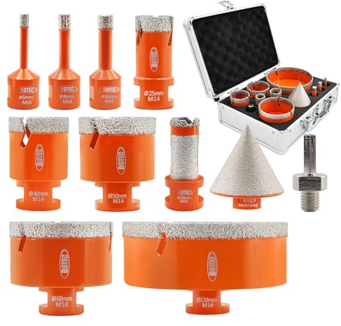 BGTEC Diamant Fliesenbohrer Set - 11 Stück (6/8/10/25/40/50/68/110MM+ 20mm Fingerbohrer + 35mm Fingerfräser) mit M14 Gewinde zum Bohren in Porzellan, Keramik, Fliesen, Granit, Marmor und Stein
