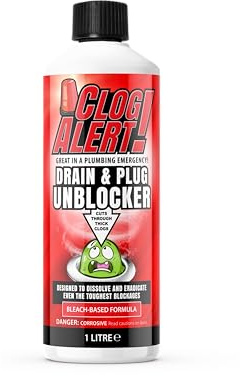 Clog Alert! - Drain and Plug Unblocker, Effectively Removes Blockages, Liquid Cleaner for Blocked Drain Pipes in Sinks or Shower Traps - 1 Litre