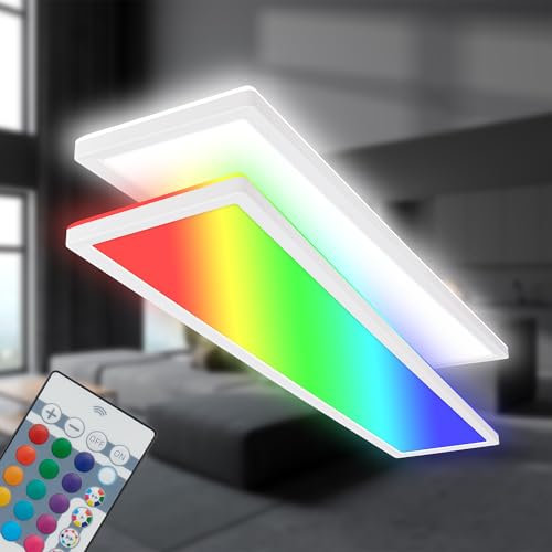 BRILONER - LED Deckenleuchte 98cm Mit Indirektem Licht, RGB+W Farbige Lichtfarben, Fernbedienung, Wohnzimmerlampe, Panel, Küchenlampe, 98x20x3 cm, Weiß