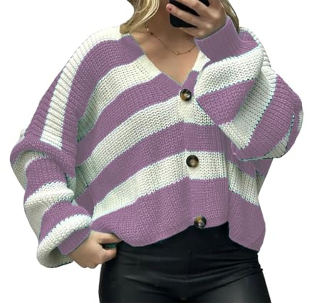 FASHIONISM Womens Long Sleeve Button Up Contrast Stripe Knitted Cropped Cardigan Ladies V Neck 3 Button Up Casual Warm Crop Top Cardigan Lilac