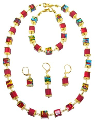Halskette, Kette, Collier Armband Ohrringe Schmuck Set Glas Würfel Polaris Edelstahl, Stifte Twist Mehrfarbig Rot Blau, Gold