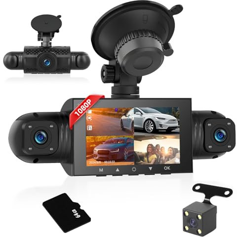 Car Dash CAM, Cámara de Coche 1080P+720P, Cámara de Coche Dashcam de 4 Canales con Pantalla IPS de 3 Pulgadas, Gran Angular de 170°, Visión Nocturna, Sensor G, Grabación en Bucle + Tarjeta TF 64G