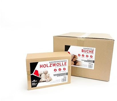 RHINOROCK Kaminholz-Set Premium | 21 kg | 20 kg Buche + 1 kg Natur Holzwolle-Anzünder | Extra trocken, CO₂-neutral, plastikfrei verpackt | Für Kamin, Ofen & Lagerfeuer