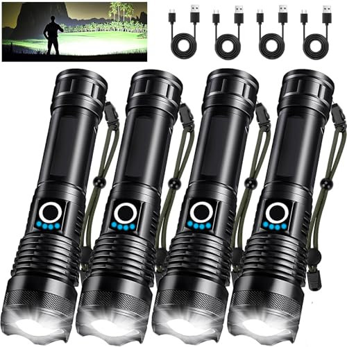 Lylting 4 Pack Rechargeable LED Flashlights High Lumens, 90,000LM Super Bright Flashlight, Adjustable Powerful Flash Light with USB Cable & 5 Modes, Waterproof Handheld Flashlight for Home Camping