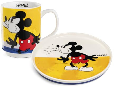 Egan Set di piatti e tazze impilabili, collezione I AM di Topolino e Minnie, in porcellana, lavabile in lavastoviglie e adatto al microonde, set per colazione caffè e snack (giallo mickey)