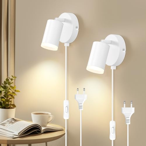 Dehobo Applique Murale Intérieure avec Interrupteur - GU10 Spot Lampe Mural 7W Moderne Tourner 350° pour Tableau pour Chambre à Coucher Salle de Lecture Bureau - Blanc Givré 2 packs - Sans Ampoules | Blanc mat - Lot de 2 lampes enfichables en aluminium max 7 W pour chambre, placard, bureau, image - sans ampoule