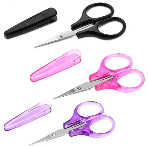 3Pcs Small Craft Scissors Sharpest Precise Stainless Steel Cutting Scissor All Purpose Craft Scissors with Protective Cover for Paper Cutting Sewing Crafting Cross Stitch Crochet(Pink Purple Black)