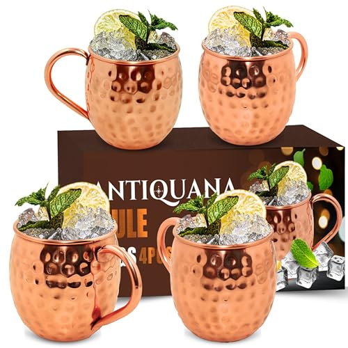 ANTIQUANA Moscow Mule Mugs - Set of 4-100% Pure Copper Mugs Large 16 oz - Premium Moscow Mule Cups Set of 4 - Solid Copper Cups Perfect Premium Gift