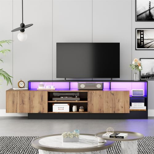 Temdlerpp Meuble TV avec LED Lumière, Armoire TV avec 2 Portes, 6 Compartiments Ouverts, Style Industriel, Bois et Noir, 190x40x48.5cm