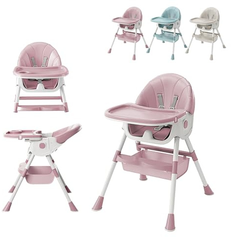 XUANYU 4 en 1 Chaise Haute Evolutive pour Bébés et Enfants, Chaise à Manger Pliable avec Hauteur en 2 Positions, Chaises Confortable pour Ilot, Cuisine et Salle à Manger (Rose-blanc)