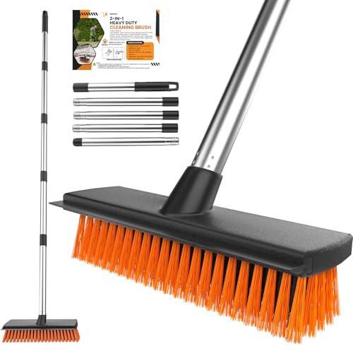 Garden Broom Outdoor Heavy Duty, Yard Brush Garden Brush Outdoor Broom with 10.7 Hard Bristle Broom Head & Squeegee, 57 Long Handle Outside Stiff Sweeping Brush for Cleaning Patio, Yard, Driveway
