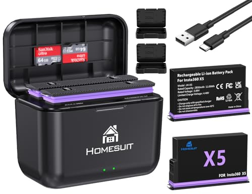 Homesuit Insta 360 X5 Battery 2850mAh and Fast 2-Channel USB Charger Compatible with Insta360 X5 Action Camera Accessories with Misro SD Card Slots (2-Pack)