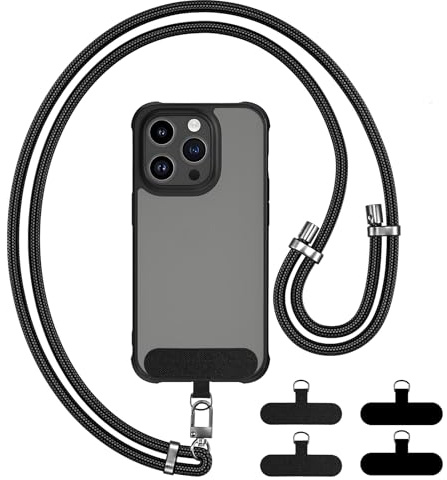GanYesin Laccetto Universale Telefono, Cinturino Regolabile in Nylon con 4 Toppe, Compatibile con Tutti gli Smartphone con Custodia per Attività All'aperto, Viaggi Spostamenti (Nero)
