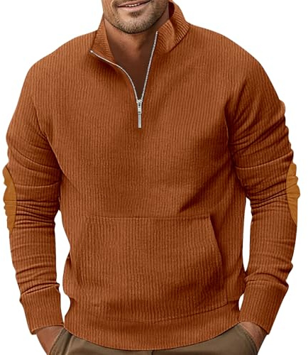 PRIVIMIX Sweat Homme Col Zippé Pull sans Capuche Sweatshirt Velours Côtelé avec Poche Kangourou, Marron, 3XL