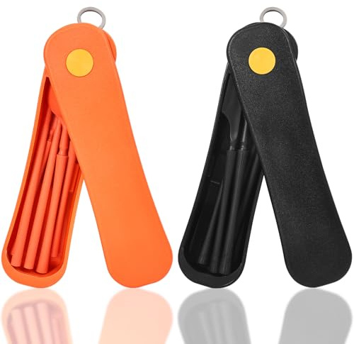 Mnsconkl Lot de 2 Couverts de Voyage avec étui - Portables - Avec cuillère, Couteau, Fourchette - En plastique - Réutilisables - Pour Pique-Nique, Extérieur, Camping, école, Bureau (Noir Orange)
