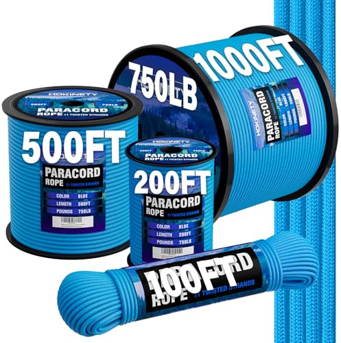 HOKINETY Paracord Rope 750 - Parachute para Cord 4mm 11 Strand Spool Rope Utility Nylon String for Outdoor Camping Survival Utility Tent Crafting DIY Projects - Blue 200ft
