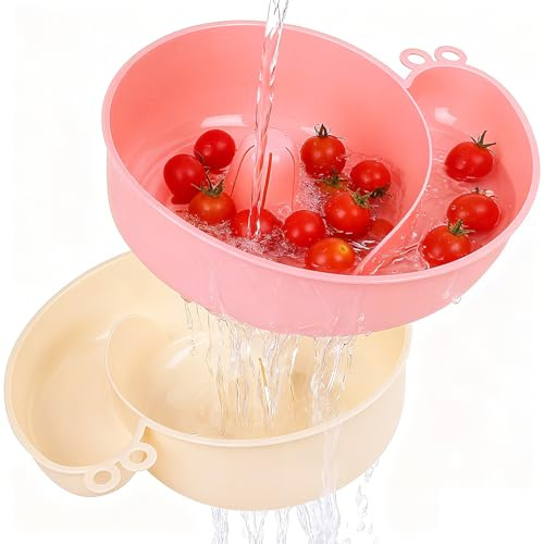 KOVGQ Obstsieb Obst und Spülsieb Waschschüssel Schnecken Salatschleuder 2Stk Multifunktions-Sieb Ablaufkorb Spülsieb Mit Wasserrotations-System Obst Waschschüssel für Küche Picknick Camping Zuhause