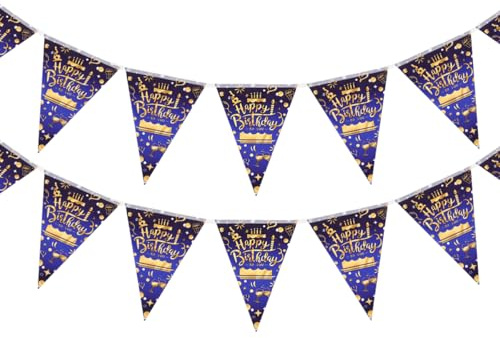 Happy Birthday Bunting Banner Flags : 10M Reusable Nylon Fabric Bunting with 26pcs Blue Gold Flags for Birthday Party Decoration