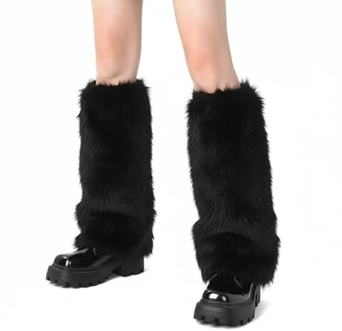 Uoimky Kunstpelz Beinwärmer Damen, Plüsch Beinwärmer Beinstulpen Schwarz Flauschige Leg Warmers Furry Beinstulpen Winter Stulpen Damen für Weihnachtstag Karneval Mottoparty Verkleidung