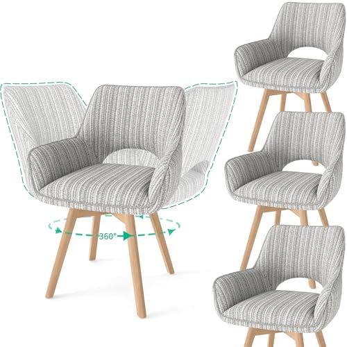 WAFTING Lot de 4 Chaises de Salle à Manger Pivotantes à 360° avec Accoudoirs et Pieds en Bois, Chaise Moderne Rembourrée avec Dossier en Tissu pour Cuisine, Salon ou Chambre, Marron café Clair
